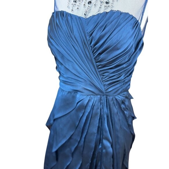 Adrianna Papell Blue Beaded Illusion Neck Tiered Chiffon Gown 4 Elegant Bodice - Picture 7 of 16